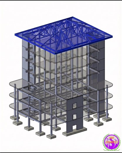 This video demonstrates a sophisticated 3D structural analysis of a multi-story building, likely created using advanced engineering software like ETABS or SAP2000. The animation visualizes the 'Mode Shape' or dynamic response of the structure under lateral loads, simulating how the building would sway during an earthquake or high winds. ​You can clearly observe the interplay between the reinforced concrete frame (columns and beams) and the distinctive blue steel truss roof. This type of simulati