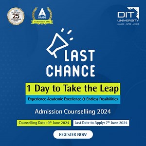 It’s your last chance to unlock future possibilities! Join us at DIT University’s Admission Counselling 2024 and immerse yourself in exploring unlimited possibilities. Connect with our dedicated team, learn about our innovative programs, and discover why DIT is the perfect place to kickstart your academic journey. Register now and take the first step towards your dream education. Counselling Date: 9th June 2024 Last Date to Apply: 7th June 2024 Register Now: https://bit.ly/4a0AXoz #DITUniversity