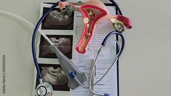 Detailing an obstetric ultrasound examination with medical instruments and documentation in a clinical setting