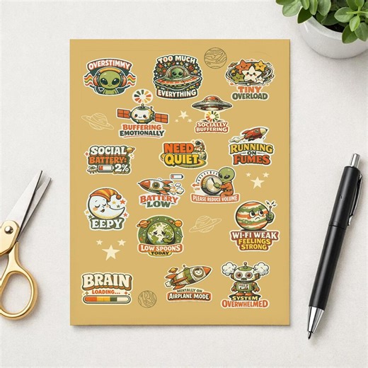 Retro Alien Neurodivergent Planner Stickers – Space Journaling PNG (5x7 PDF) - Etsy