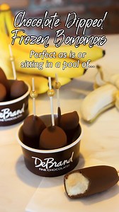 2.3K views · 109 reactions | You'll go BANANAS for these Chocolate Dipped Frozen Bananas!  THIS WEEKEND try these refreshing, fresh-frozen bananas dipped in our creamy, milk chocolate! Enjoy them as is ($4.50) OR sitting in a pool of Caramel, Peanut Butter, or Chocolate Topping ($6.50)!  Get yours before they are gone! **In-store only, while supplies last!** | DeBrand Fine Chocolates | Facebook