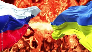 Ukraine and Russia waving flags burning on fire. Symbol of Ukrainian and Russian conflict 4k background.