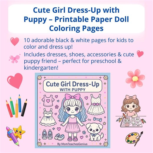 Girl Dress-up Paper Doll Coloring Pages: Printable Craft (PDF) - Etsy