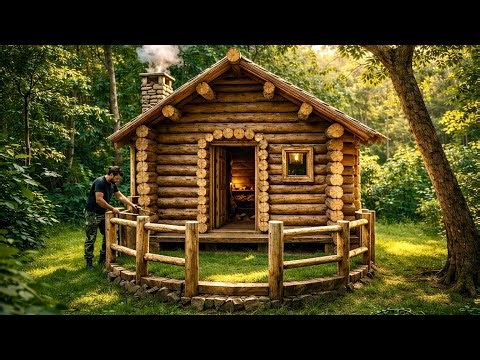 Building a Survival Shelter Alone in the Forest| Building a Traditional Log Cabin in the wild