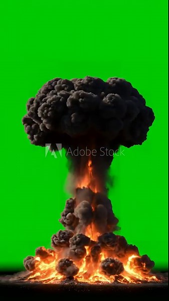Green Screen the explosion of a nuclear bomb realistic 3d animation atomic with fire smoke and mushroom cloud in front scene 1 distortion, overlay, glitch, static noise, scan lines on black