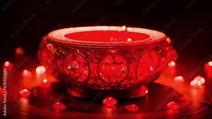 A stone altar with a silver bowl filled with sparkling stars and moons sits atop. In the bowl a single red thread glows with a magic energy winding in and out of the dazzling display