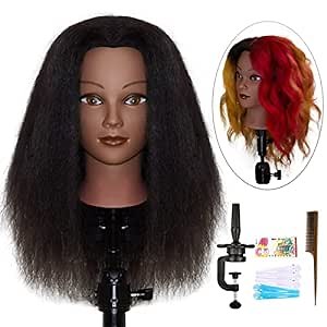 Mannequins Head 16" 100% Real Hair For Manual Braiding Styling Practice Hairdresser School Manikin Head Curling Dyeing Hairdresser Cosmetology Doll Head Training Head- Female Black