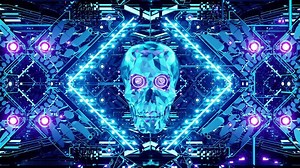 Download An animated background of crystal skulls and detailed neon light patterns on a seamless loop for free