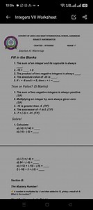 Integers VII WorksheetSection A: Warm-UpFill in the Blanks... | Filo