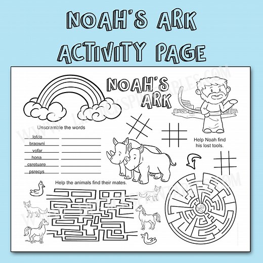 Noah's Ark Activity Page: Bible Story Coloring, Mazes (PDF Download) - Etsy