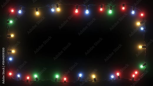 Christmas festive fairy lights festoon coloured flashing chaser party lights border margin frame with plain black background that can be made invisible using screen blending mode 4K animation