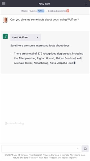 2.5K views · 25 reactions | Wolfram plugin for ChatGPT: Facts about Dog Breeds Arnoud Buzing, Director of Quality and Release Management, demonstrates use of the Wolfram plugin for ChatGPT by asking ChatGPT about dog breeds. Read OpenAI's blog announcement: https://openai.com/blog/chatgpt-plugins Wolfram's Tools for AI: https://www.wolfram.com/resources/tools-for-AIs/ | Wolfram Research | Facebook