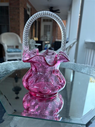 Fenton Cranberry Art Glass Basket With Applied Clear Glass Handles - Etsy