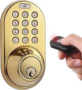 MiLocks XF-02P Digital Deadbolt Door Lock with Keyless Entry via Remote Control and Keypad Code for Exterior Doors, Polished Brass