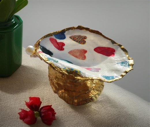 Oyster Shell Heart Design Decoupaged Gold Ring Dish - Etsy
