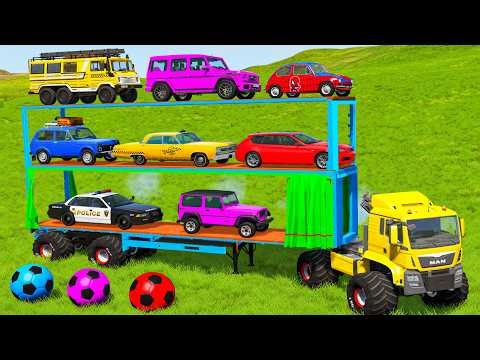 Flatbed Trailer Cars Transportation with Truck Rescue - Big & Small Mcqueen vs Slide Color - BeamNG