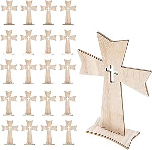 20Pcs Wooden Crosses for Crafts Standing Crosses Base Christians Crosses Tabletop Centerpieces for Outdoor Church Home Room Decor Table Religious Crosses