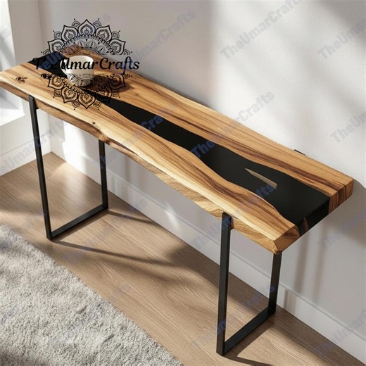 Slim Console Table, Live Edge Wood Slab With Black Epoxy River, Entryway Hall Furniture, Handmade Narrow Accent Table, Modern Minimal Design - Etsy