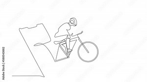 Animated self drawing of continuous line draw robots come out from cellular phone, pedaling road bike. Modern robotics artificial intelligence. Electronic technology. Full length one line animation