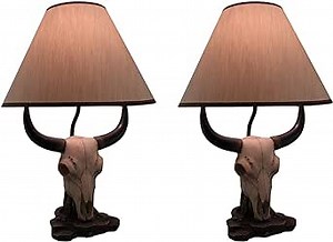Zeckos Pair of Cast Resin Cow Skull Lamps for Ranch-Style Living: Set of 2 Table Lamps with 8-Inch Fabric Shades, Perfect for Rustic Bull Farm Decor, 19.5 Inches High