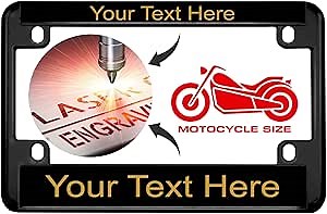 Motorcycle Personalized Black Metal (Zinc) Laser Engraved Standard Size License Plate Frame with Custom Text Design - Black/Gold Text
