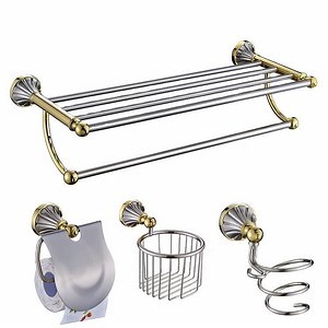 [Hot Item] Chrome Gold Plated Wall Mounted Bathroom Hardware Accessories Metal Hanger with Glass Shelf
