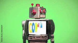 retro robot with spinning head loop green screen and tv with a message CODING