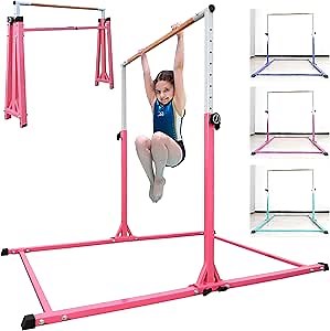 Gymnastics Bar for Kids Ages 3-20 Foldable Horizontal Bar with All Gymnastic Levels- 5FT/6FT Base Length 3' to 5' Heights-Gymnastics Equipment for Teens Adults Training at Home or Gym Center