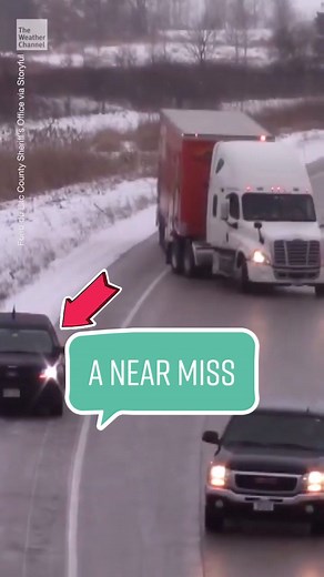 Watch: Semi Almost Hits a Police Car on Icy Highway. #fyp #news #semitruckdriver #weather ￼