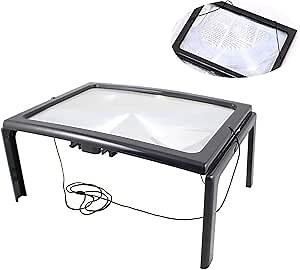 Full Page Reading Magnifier Standing Hands Free Desktop Portable 4 LED Light Professional Magnifying Foldable Rectangular 3X Hanging Strap Loupe -No Batteries