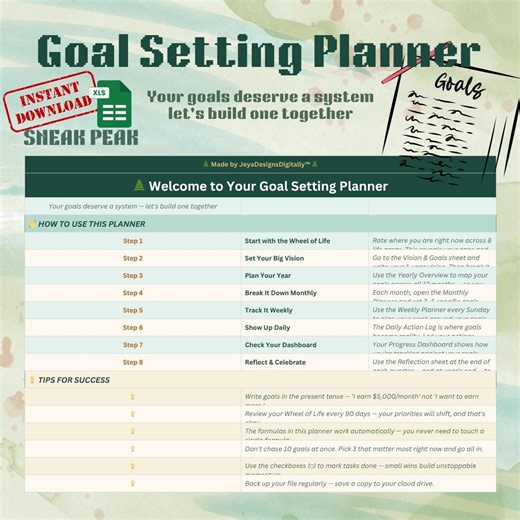 Goal Setting Planner | Wheel of Life Planner | SMART Goals Tracker Excel | Daily Weekly Monthly Yearly | Vision Board | Forest Green - Etsy