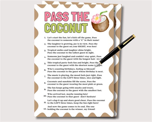 Pass the Coconut Summer Game for Adults Kids, Luau Party Game Pass the Prize, Hawaiian Party Activity, Tropical Beach Party Pass the Prize - Etsy