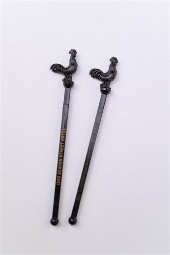 Pair of Rooster Swizzle Sticks, Black Stirrers from Midcentury Beacon Street Hotel