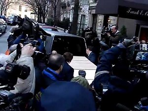 Heath Ledgers casket surrounded by reporters and photographers at Frank E Campbell Funeral Chapel