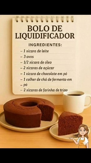 🍫 Bolo de Chocolate Fofinho no Liquidificador (O Mais Fácil!) Uma receita prática, rápida e que garante um bolo de chocolate úmido e perfeito para o café! ☕ 📝 Ingredientes 3 🥚 Ovos grandes 1 🥛 Xícara de Leite (em temperatura ambiente) 1/2 🧴 Xícara de Óleo vegetal 2 🍚 Xícaras de Açúcar (prefira o cristal ou refinado) 1 🍫 Xícara de Cacau em Pó 50% ou 100% (Para um sabor mais intenso. Se usar achocolatado, reduza o açúcar para 1 e 1/2 xícara). 2 🌾 Xícaras de Farinha de Trigo (Peneirada para