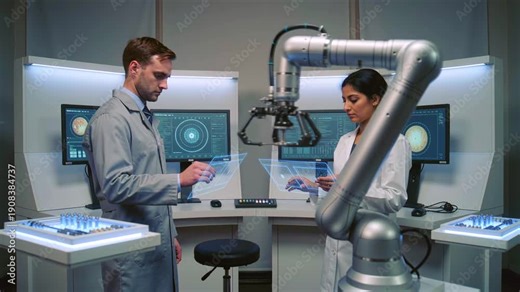 Calibrating robotic arm systems, Programming and testing robotic systems in laboratory environment, Engineer and technician collaborate to calibrate and test robotic automation procedures in lab