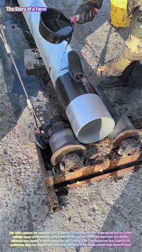 Watch Skilled Workers Apply Traditional Bitumen Coating and Fabric Wrap to Buried Steel Pipes! 🛢️🔧↓