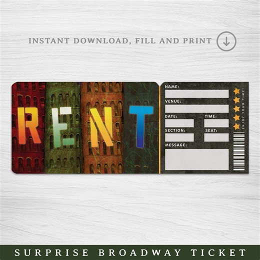 Printable RENT Broadway Surprise Ticket︱musical Theatre Ticket︱event Gift Reveal - Etsy