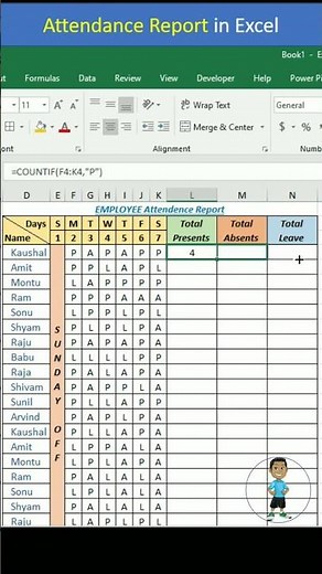 Employee Attendance Sheet in Excel 🔥 | Total Present, Absent & Leave #Shorts