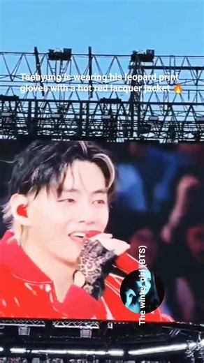 Taehyung is wearing his leopard print gloves with a hot red lacquer jacket 🔥#taehyung #shortsfeed