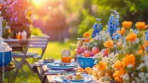 Spring BBQ decorations with pastel flowers adding festive touch to cookout. Concept Spring BBQ Decorations, Pastel Flowers, Festive Theme, Cookout Inspiration