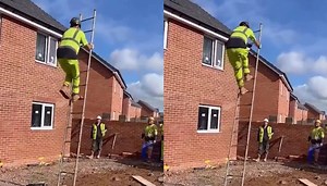 Incredible moment daring construction worker almost conquers viral 'ladder challenge'