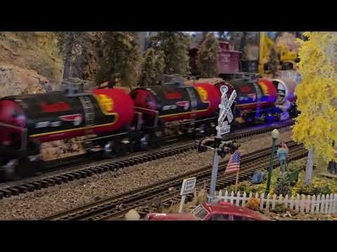 Santa Fe Tank Train. Pulling Menards Santa Fe tank cars, both war bonnet and black bonnet tank cars