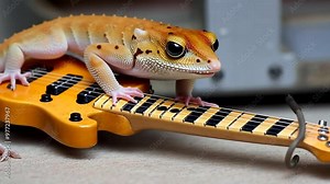 Leopard Gecko Playing on a Miniature Guitar in a Cozy Indoor Setting Generative AI