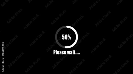 Loading animation with percentage display and please wait message on black background progress bar buffering