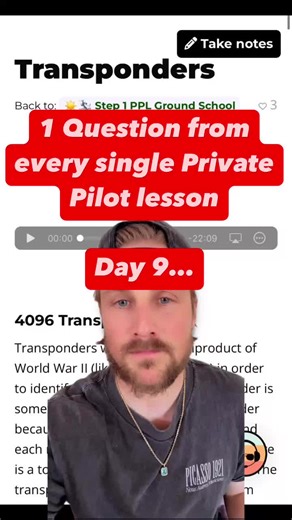Day 9 of asking a practice question from every single lesson from the Top Rated 🥇 Online Ground School in America… Today’s lesson is on Transponders! Drop your answer in the comments 👇 #Studentpilot #privatepilottraining #groundschool #firstsoloflight #ifr