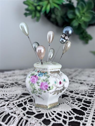 Vintage Hand-Painted Porcelain Hat Pin Holder, European Style Floral Design