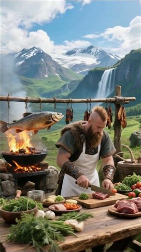 Viking Chef Cooking Feast in the Mountains with Scenic Waterfall