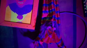 Haunted Hill Farm Animatronic Scary Upside Down Clown Hanging with Touch Activated Lights and Sound, Battery-Operated Indoor or Covered Outdoor Halloween Decoration