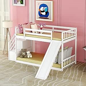Harper & Bright Designs Twin Bunk Bed for Kids Wood Low Bunk Bed with Slide and Stairway, White